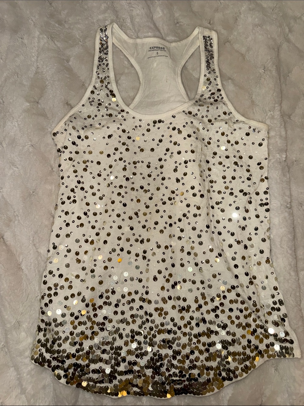 Express White Sequin Racerback Tank with Gold & Silver Accents